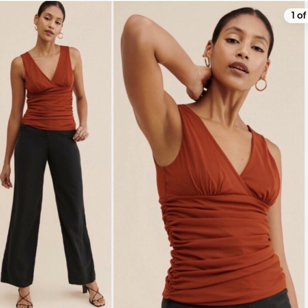 Anthropologie Double V Mesh Ruched Sleeveless Burnt Orange Tank Top Blouse S